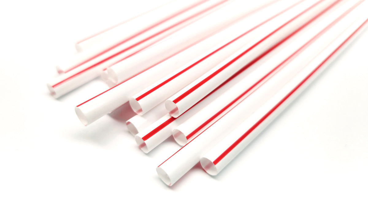 7.75” Plastic Drinking Straws – Individually Wrapped – White with Red Stripe (12,000ct)